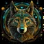 Placeholder: Image of a wolf made up of thousands of very thin glowing lines.Wolf is looking straight at the camera , Symmetrical image, Background is a colorful flowy swirls, golden lines, 3D, alcohol ink effects, sprinkle glitter, pearls, beads. Placed in a glass ball..