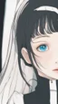 Placeholder: A close picture to a beautiful white skin woman with black soft hair and the hair cover half of Her face and glowing blue eyes