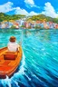 Placeholder: on the boat on a long journey birdseye view, japanese modern pop art