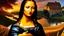 Placeholder: the Great Leonardo da Vinci is painting his monalisa and she is posing as modela in a village over high grassy hills,a small fall and river and wild flowers at river sides, trees houses ,next to Ripe wheat ready for harvest farm,windmill ,a few village local shops ,cloudy sun set sky,