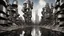 Placeholder: your creativity versus my imagination, tectonic arafed whimsical cityscape, Taro Okamoto influence, puṣkaracūḍa, made of scrap metal, detailed rounded forms, great verticals, perfect parallels, amazing reflections, amazing transparency, industrial vibe, shock of juxtaposition, there is ugliness in beauty