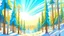 Placeholder: fantasy cartoon: sunny sky over the winter forest, pine trees