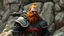 Placeholder: A sturdy, red haired dwarf cleric, who carries a Warhammer over his shoulder and wears heavy armor. Standing in front of a rocky backdrop