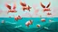 Placeholder: abstract painting, many pig with wings flying in the air over the sea, minimalist, bizarre, surreal, art brut, outsider art, a muted colors photo, pexels contest winner, 1940s, high quality photo,