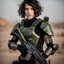 Placeholder: futuristic beautiful caucasian half cyborg female soldier, black metal body and limbs, scratched olive metal details, short brunette wavy bob haircut, dystopian, desert scene