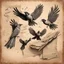 Placeholder: Hyper Realistic sketch of Few-Koel-Birds Flying on the edges of a vintage-grungy-paper-with-torn-paper-edges