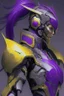 Placeholder: A Genderless Cyborg made of metal, has a human like face with a long violet ponytail, the cybord is wearing armor similar to Omega. The color palatte of the armour is deep purple and yellow.