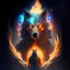 Placeholder: A terrible creature with a wolf's head and a human body,A shield made of fire and magic and the galaxy