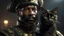 Placeholder: a Black man as an conquistador with the long Fu Manchu french handlebar mustache and a long pointed goatee in Rambo gear with a black cat as a soldier in combat, high definition , 8k, realism