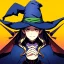 Placeholder: retro anime style, witch, witch hat, witch robe, expression smiling, portrait
