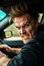 Placeholder: A very angry and bitter punk rocker sitting in a car driving angry, looking at opposite drivers with looking at their phones