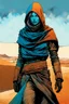 Placeholder: create a fine art print full body illustration of a rugged gritty, roughly textured, hooded, blue eyed, Fremen female mercenary with highly detailed feminine facial features, amidst the swirling desert sands of Arrakis, in the comic book art style of Bill Sienkiewicz, and Jean Giraud Moebius, finely textured, drawn, colored, and inked,