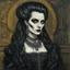 Placeholder: create a 3/4 profile, full body oil pastel of a dark haired, savage, ornately dressed, aged gothpunk vampire crone with highly detailed , sharply defined hair and facial features , in a smokey 19th century drawing room in the style of JOHN SINGER SARGENT