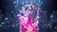 Placeholder: 3d metalic and crystal recursive evolving and animating beveled geometric base very complex CIFY structure emiting bubbles that broke, goddess of love in a pretty cleric dress comes while playing harp gracefully , viberating color moving very in modern city escap environment while camera tracking it.write in down screen 3d animating"Made in Grok By:J.Babakan"
