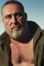 Placeholder: full body shot photography of an Italian sicilian taxi driver burly ugly sitting in the taxi, chubby tired 55 years old driving shirtless, bullneck, thin gold chains, short beard, sweat, short hair, bulge, robust, manly chest, looking down, big shoulders,, photorealistic, side light, ambient occlusion, tired eyes. 35mm lens, internal view inside the Taxi