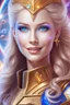 Placeholder: cosmic woman smile, admiral from the future, one fine whole face, crystalline skin, expressive blue eyes,rainbow, smiling lips, very nice smile, costume pleiadian, Beautiful tall woman pleiadian Galactic commander, ship, perfect datailed golden galactic suit, high rank, long blond hair, hand whit five perfect detailed finger, amazing big blue eyes, smilling mouth, high drfinition lips, cosmic happiness, bright colors, blue, pink, gold, jewels, realist, high,rainbow commander