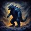 Placeholder: Kaiju moving out of the darkness, in semi impasto art style, background night