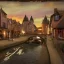 Placeholder: An old magical dark little town with a castle, canals and huge caravan houses Nick Harris style