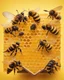 Placeholder: bees flutter over the hive, behind there is a honey yellow background and honeycombs