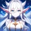 Placeholder: cosmic mage, elf, female, battle mage, epic, cosmic magic, long ears, white hair, face details, pale skin, jewellery, broad shoulders, sharp ears, cosmic clothes, cosmic eyes, ears shown, light out of eyes, the cosmos in eyes, stars in eyes, shining eyes, non human face, thin face, animation, detailed ears, magical eyes, non realistic, closed mouth, bigger make up, smiling face, happy face, pointy ears