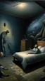 Placeholder: Man spends a sleepless night inside a dark room in a delusional state haunted by ghostly images, paint it in the Bosch nightmares style, as if the man is horrified