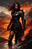 Placeholder: A formidable warrior girl in black armor, on the background Amazing gloomy landscape, flooded with sunset, mountains, trees, fabulous scary hero, , juicy emotions, painting, dark fantasy, bad weather, gloomy day, dark world, by Raymond Swanland & Alyssa Monks & Anna Razumovskaya