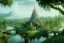 Placeholder: Magical fantasy elven city tower forest rivendell tree flower pink green yellow beautiful nature river 4k full hd