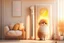 Placeholder: cute fluffy chibi beige cat with a giant thermometer in a modern room in sunshine