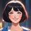 Placeholder: vibrant art of a cute lady innocently smiling, black bob haircut short hair, red cheeks, blue eyes, cinematic shot from a movie, anime