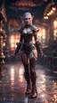 Placeholder: full figure with metallic stone gauntlets, standing on wet tiled floor outside fantasy tavern, female vampire elf from worms armageddon wearing makeup, bokeh like f/0.8, tilt-shift lens 8k, high detail, smooth render, down-light, unreal engine, prize winning