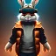 Placeholder: Rabbit toddler, smile, steampunk headphone, sunglass, gangsta neckless, full body, orange puffer jacket, manila background, dramatic lighting, hyper realistic, unreal engine 5, 16k