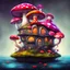 Placeholder: mushroom house on a floating space island. Bright Bold Bright Colors, Stark Dark background. Fantasy Style. High Quality, Painterly, Whimsical, Fun, Imaginative, Bubbly,