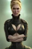 Placeholder: Cersei Lannister as evil woman in black leather, busty, cleavage, curvy, lena headay, angry, stern look. character design by cory loftis, fenghua zhong, ryohei hase, ismail inceoglu and ruan jia. unreal engine 5, artistic lighting, highly detailed, photorealistic, fantasy