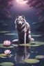 Placeholder: award winning portrait of a male anthropomorphic wolf that lies at the bottom of a pond, with lotus flowers floating on the water, moon, night time, reflection, dynamic lighting, digital art, 4k, by justin gerard and greg rutkowski, digital art, realistic painting, trending on artstation