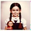 Placeholder: wednesday addams as a child, braids, with a chucky doll, polaroid, 1970s