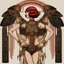 Placeholder: Full body, art nouveau woman with a bob with a fringe hairstyle, Cleopatra clothing, steampunk metal butterfly wings, red markings, black background