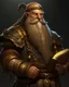 Placeholder: Stout dwarf merchant with thick braided brown beard adorned with gold beads. Sharp eyes, robust build. Quality merchant clothes. Carrying merchant ledger and gem samples. Battle axe on back. Medieval fantasy style, warm lighting.