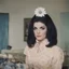 Placeholder: Priscilla presley, black hair, beehive, 1965, big blue eyes, daisies, in a living room,,autochrome