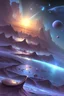 Placeholder: paesaggio surreale con astronave madre cielo azzurro, galassie e pianeti,