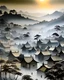 Placeholder: A gray village covered in mist designed in Javanese shadow puppets painted by Edward Hicks