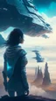 Placeholder: woman looking down on an sci-fi landscape with spaceship, detailed matte painting, fantastical