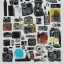 Placeholder: elements of photographic equipment. poster graphics. high detailed. acrylic painting and ink.