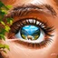 Placeholder: A big, beautiful eye with long eyelashes. Inside the eye, there are beautiful mountains with lush green trees, with a river flowing from the mountains and out of the eye. Outside the eye, there is a large deer at the foot of the eye. Ultra quality oil painting, work of art.