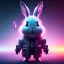 Placeholder: pixar style anamorphic cute cyberpunk rabbit baby, smiling, full body, magenta puffer jacket, manila city backdrop, hyper realistic, unreal engine 5, 16k,