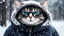 Placeholder: (cat in winter clothes_1.2), snowstorm, black glasses, maximum details