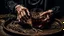 Placeholder: close up photo from an old woman's wrinkled hands holds one brown herb water in vintage water glass with , thriller, sinister , old witch interior, dark mood, perfect photo