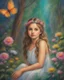 Placeholder: Oil pastel painting of a beautiful girl, fantasy, dream, forest, glitter background, beautiful, oil pastel painting, fantasy art, fairy, young girl, beautiful portrait painting, flowers, colorful, inspired by Thomas Kinkade, fine art, 8k