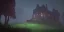 Placeholder: Ruined overgrown small castle in a forest, dynamic lighting, night