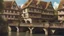 Placeholder: medieval buildings with balconies overhanging a river, blue sky and people, photorealism, trees, foliage, piers, ultra-sharp image, sharp focus