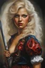 Placeholder: full body image, head to toe, chiaroscuro, deep shadows, rich deep colors, highly detailed portrait, Oil on Canvas by Boris Vallejo - The Evil, homicidal13-year-old Cinderella with Bleach-blonde hair holding a bloody cleaver - 4k UHD, Ultra-realistic, Hyper realistic, Photorealistic, Realistic, absolute Reality